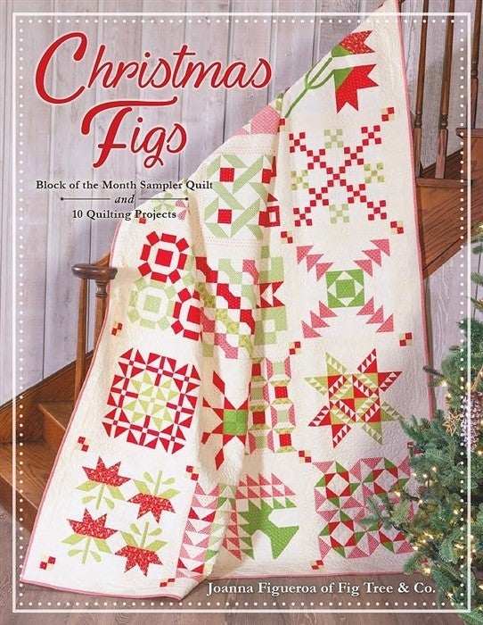 Christmas Figs Block-of-the-Month quilt sampler with traditional Christmas-themed patchwork blocks