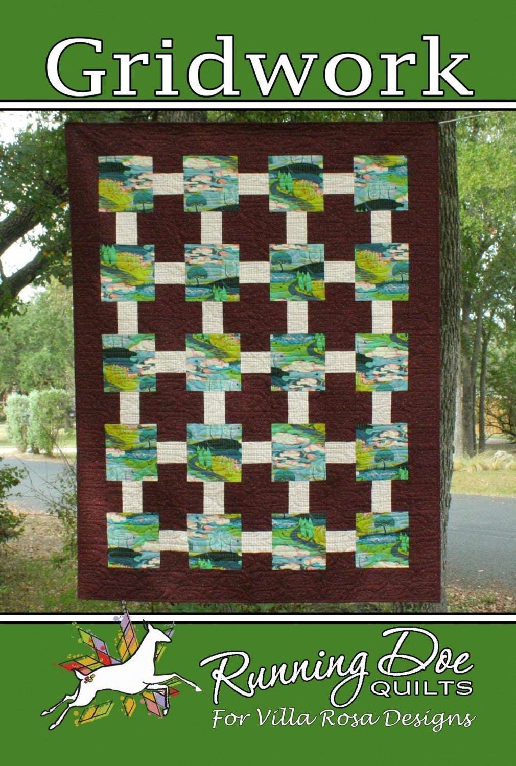 Gridwork quilt pattern card by Villa Rosa Designs, 55x67 inches, displayed outdoors