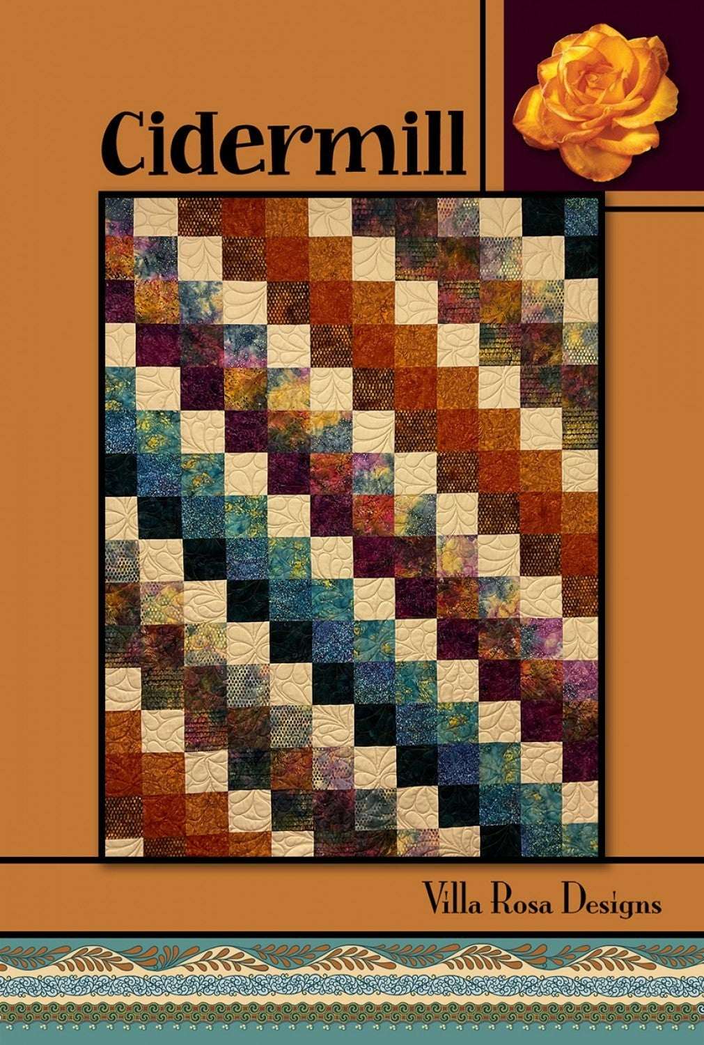 Cidermill by Villa Rosa Designs quilt pattern card with colorful patchwork design and orange rose on brown background