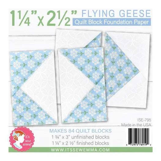 Flying Geese Quilt Block Foundation Paper for 1.25" x 2.5" blocks with shaded and numbered templates, makes 84 quilt blocks per pad