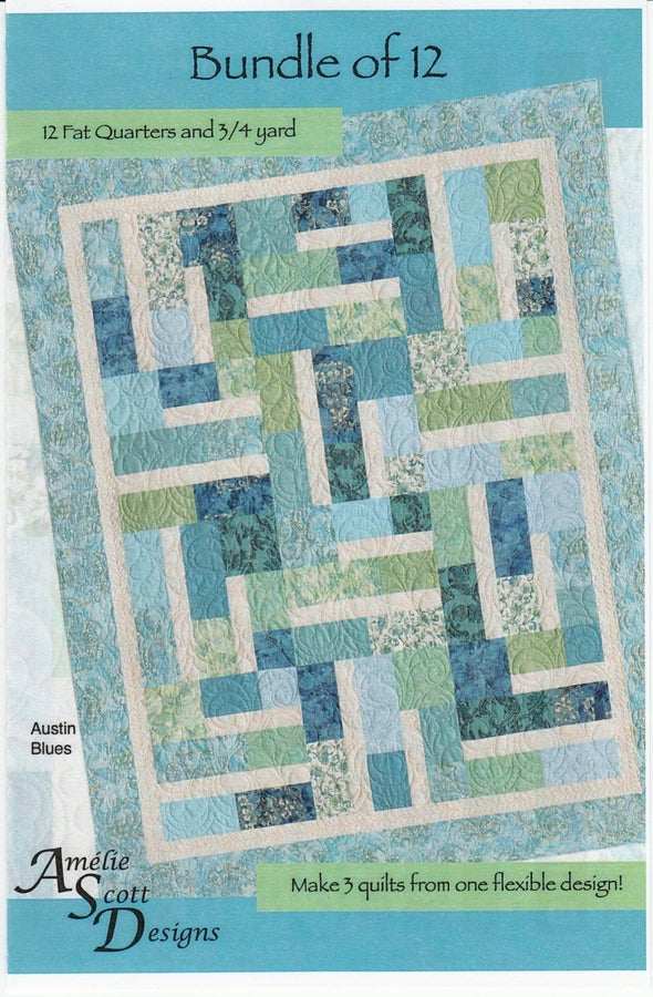 Bundle of 12 Quilt Pattern printed quilt design with blue and green tones by Amelie Scott Designs