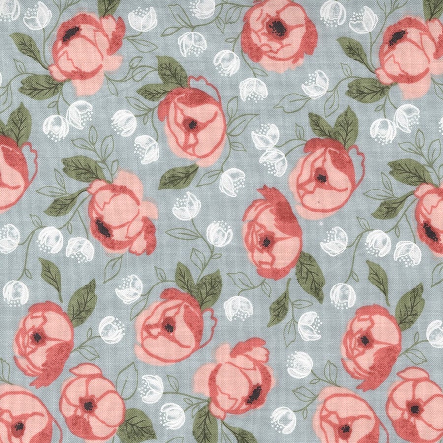 Busybody Quilt Backing Kit with pink floral pattern on blue background by Lella Boutique for Moda