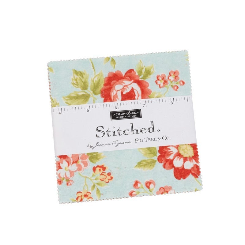 Stitched Mini Charm Pack by Fig Tree & Co. featuring floral and geometric prints in pastel colors