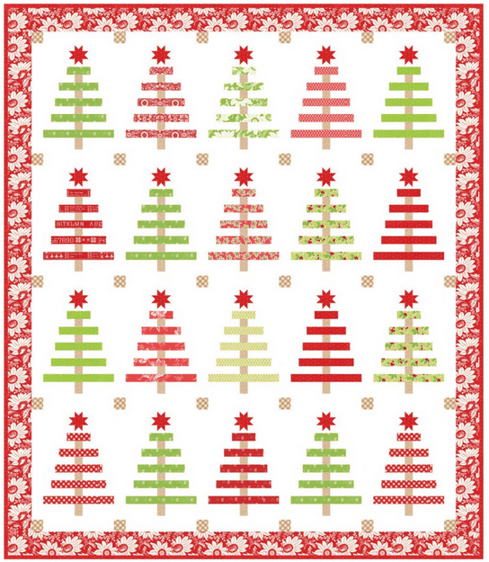 Yuletide Spruce Quilt Kit with red and green Christmas tree patterns by Fig Tree & Co. for Moda Fabrics
