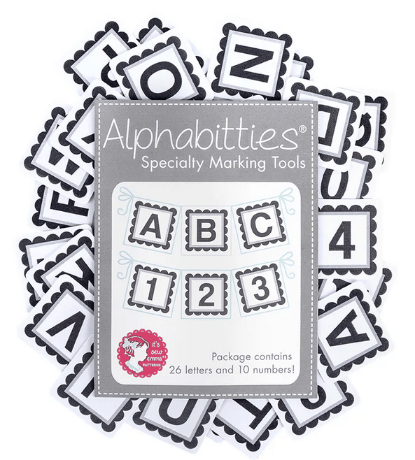Alphabitties Specialty Marking Tool grey plastic squares with 26 letters and 10 numbers for fabric labeling and row marking