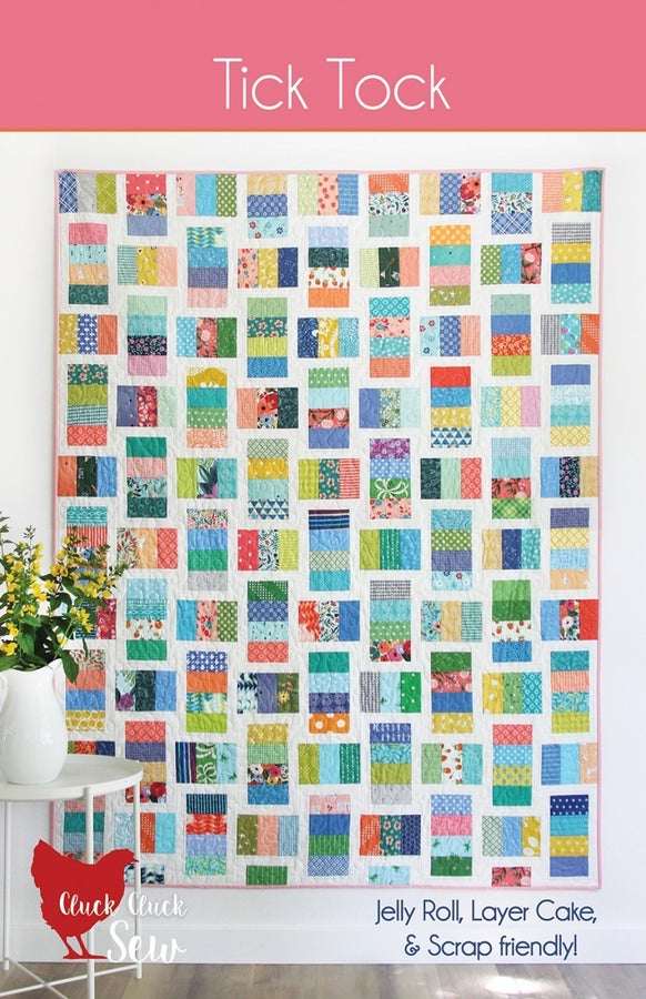 Tick Tock quilt pattern by Cluck Cluck Sew featuring colorful scrap fabric design perfect for jelly rolls and layer cakes.