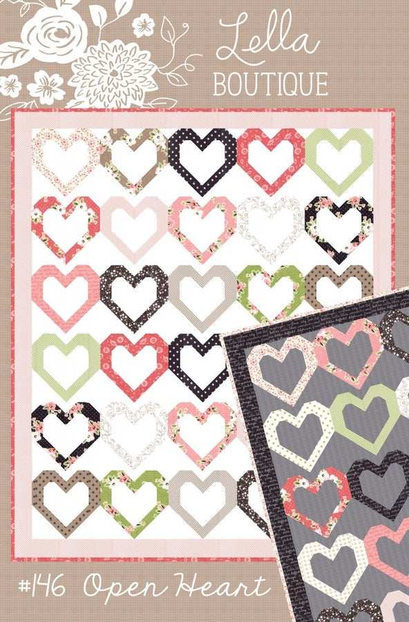 Open Heart Quilt Pattern featuring heart-shaped blocks in various colors and patterns by Lella Boutique