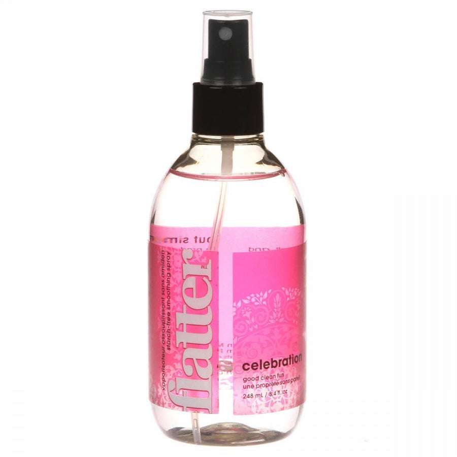 Flatter Smoothing Spray Celebration 8.4 oz plant-based wrinkle releaser and fabric freshener in pink spray bottle