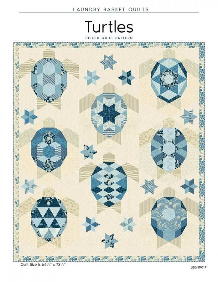 Turtles by Edyta Sitar quilt pattern featuring blue turtle shapes and stars on cream background, 64x73 inches