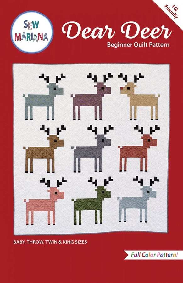 Dear Deer Quilt Pattern by Sew Mariana featuring beginner-friendly block design with nine pixel-style reindeer in various colors on a white background