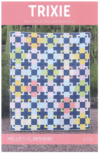 Trixie Quilt Pattern with colorful interlocking blocks in baby, throw, twin, and queen sizes by Hello Molly Designs