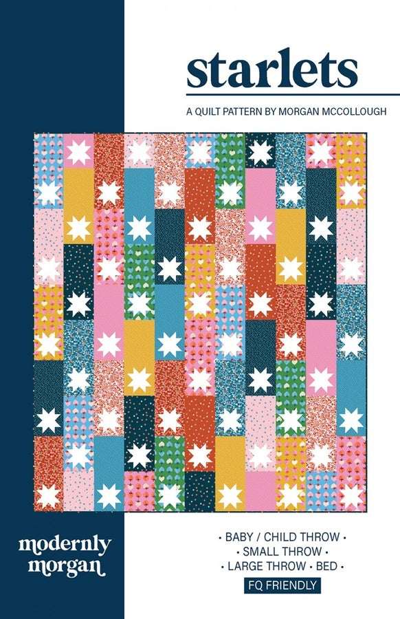 Starlets Quilt Pattern featuring colorful patchwork stars in various throw and bed sizes by Modernly Morgan