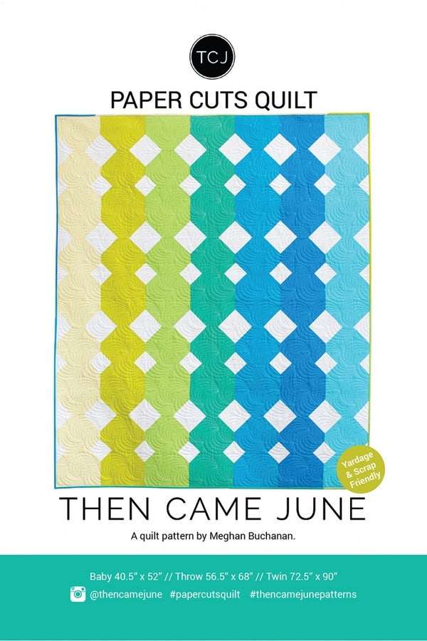 Paper Cuts Quilt pattern showcasing colorful diamond shapes in green to blue gradient for baby, throw, and twin sizes