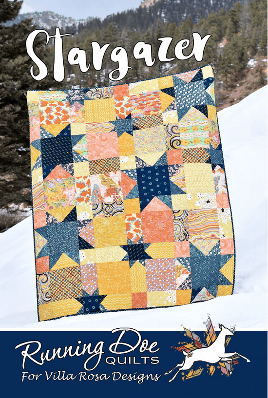 Stargazer by Villa Rosa Designs quilt pattern card with star and patchwork design outdoors in snow