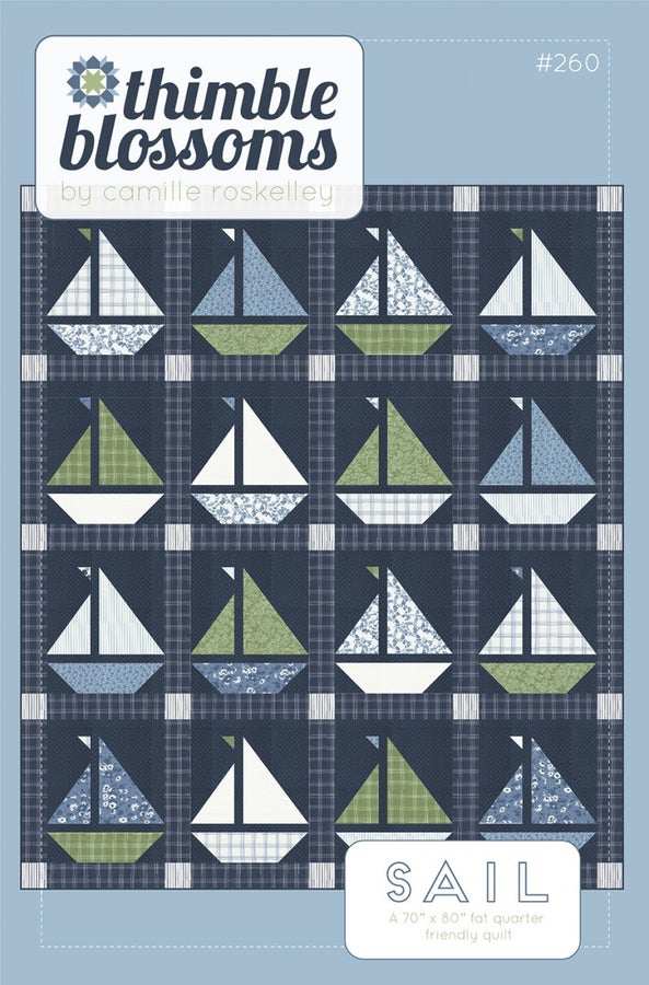 Sail by Thimbleblossoms quilt pattern featuring blue and green sailboat blocks with simple piecing and fat-quarter friendly design