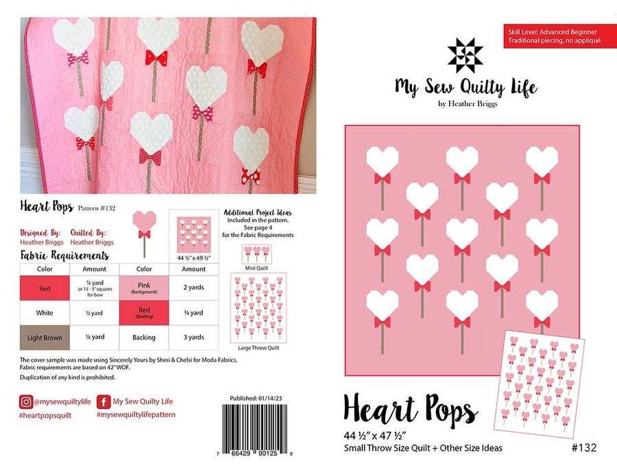 Heart Pops quilt pattern by My Sew Quilty Life featuring heart-shaped pops on a pink background with bows