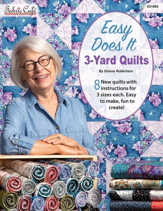 Easy Does It 3-Yard Quilts book cover with fabric rolls and smiling woman