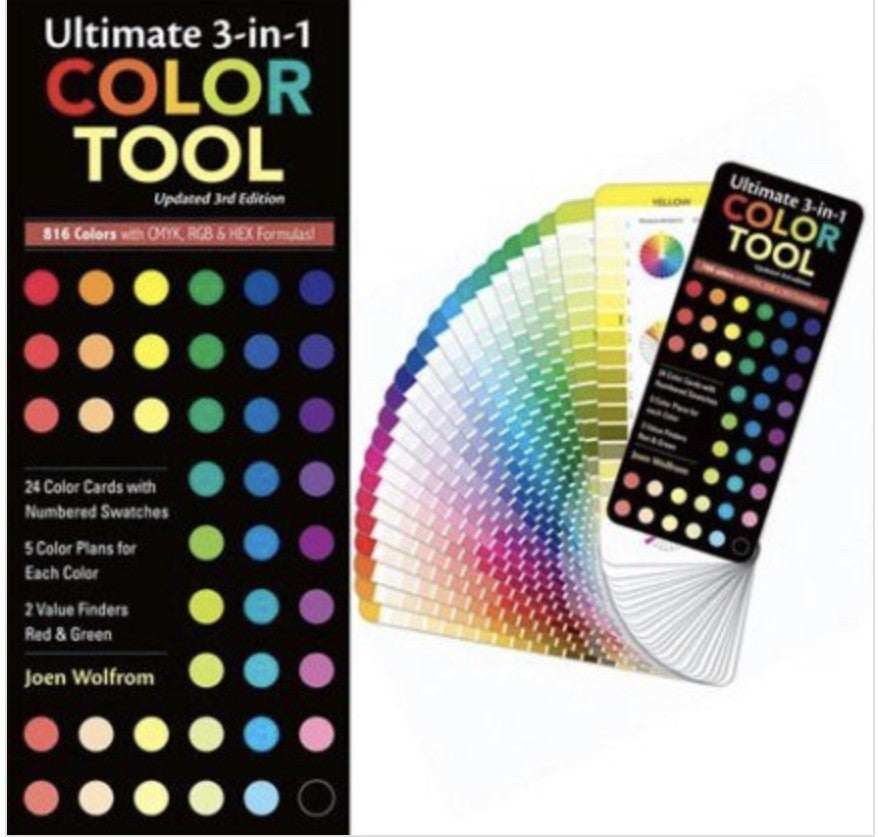 Ultimate 3-in-1 Color Tool fan deck showing color swatches with CMYK, RGB, and Hex formulas for color planning