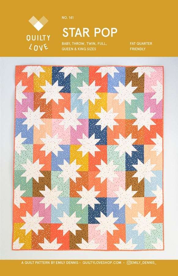 Star Pop Quilt Pattern featuring colorful sawtooth stars in various sizes from baby to king, fat quarter friendly and beginner level