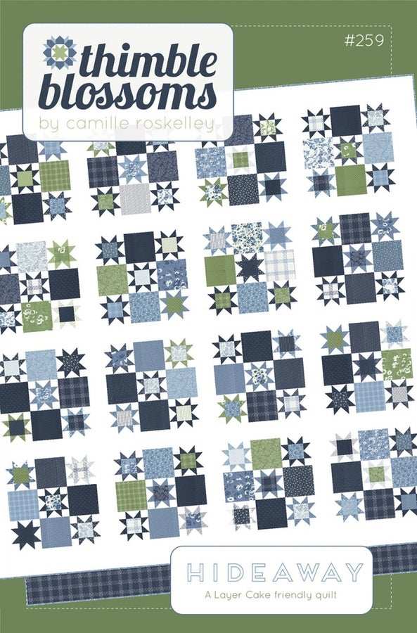 Thimble Blossoms Hideaway Quilt Pattern with blue and green patchwork design and simple piecing