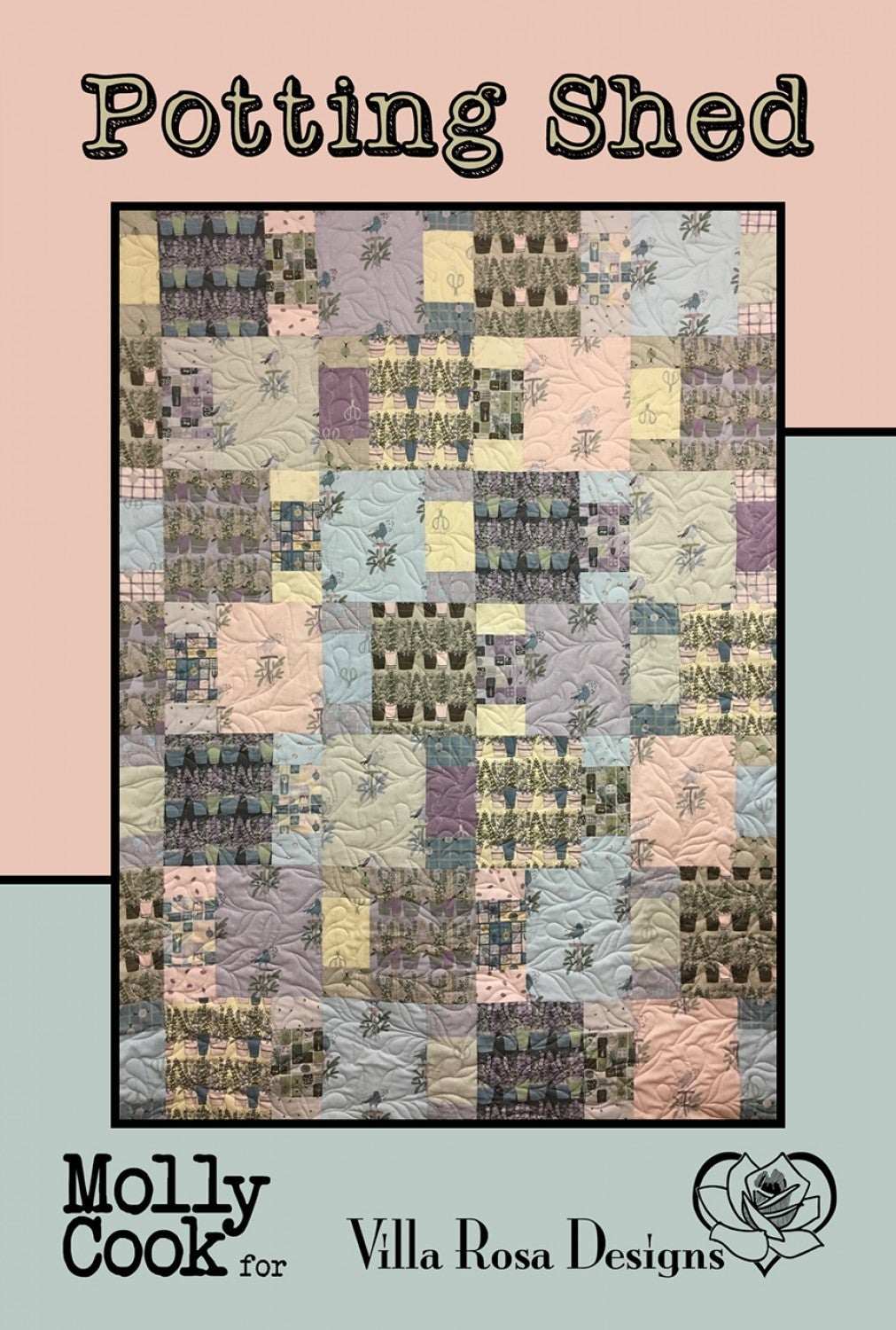 Potting Shed quilt by Villa Rosa Designs featuring pastel patchwork and floral patterns in 54x73 inches size