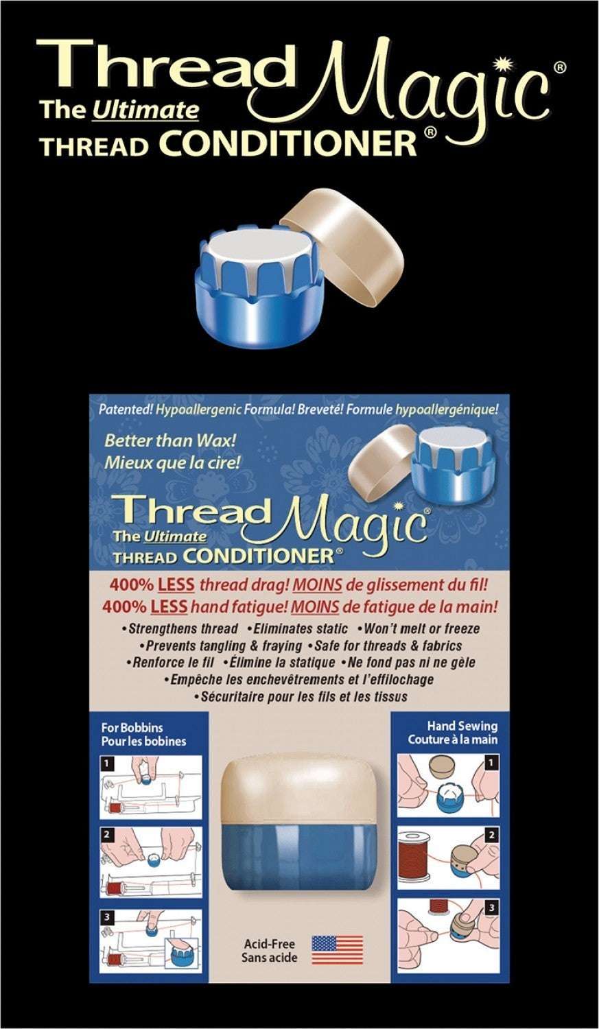 Thread Magic thread conditioner in blue and beige container, prevents fraying and tangling, safe for all threads and fabrics