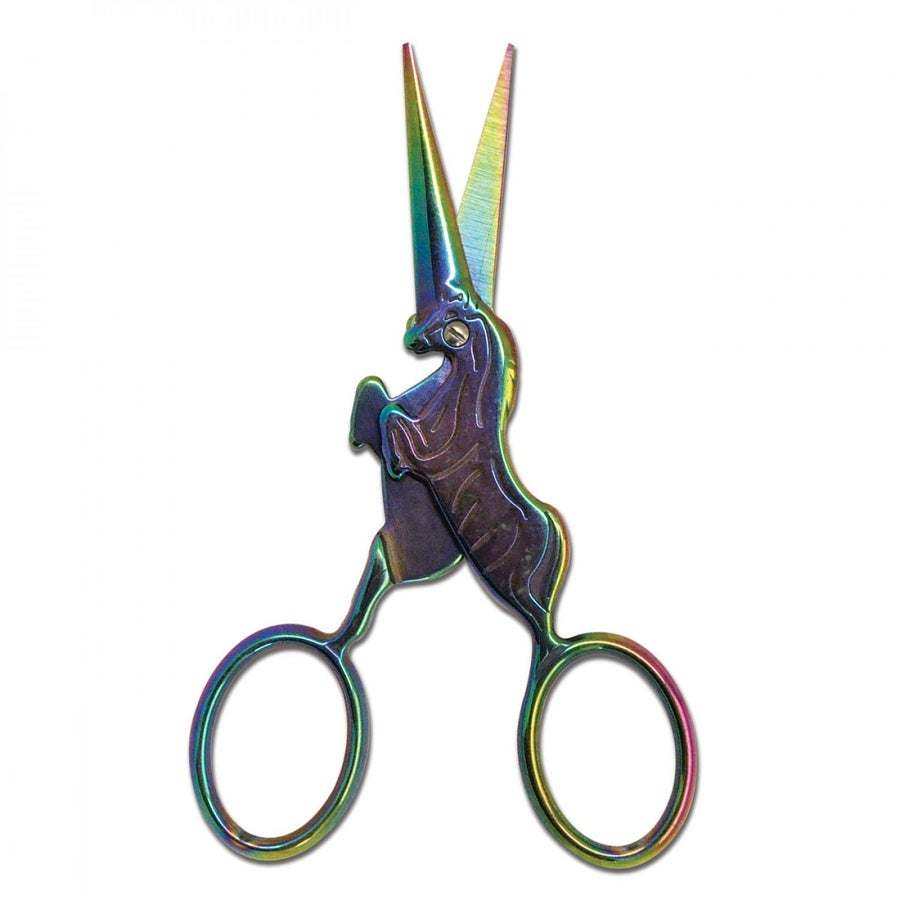 Rainbow Unicorn Embroidery Scissors with sharp stainless steel blades and rainbow finish for delicate stitchery projects