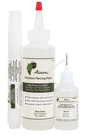 Acorn Precision Piecing Starter Kit with pressing solution, seam align glue, and easy press pen for precise quilting and sewing seams