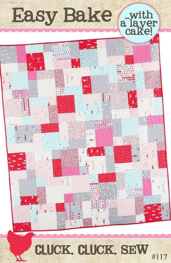 Easy Bake Quilt pattern featuring colorful patchwork squares, perfect beginner layer cake quilt design.