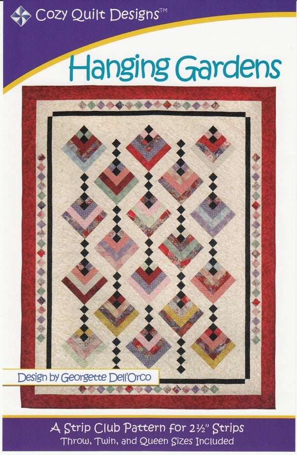 Hanging Gardens Quilt Pattern by Cozy Quilt Designs with floral four-patch blocks and decorative border instructions for throw, twin, and queen sizes