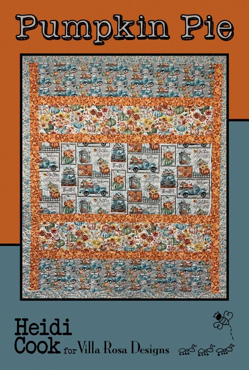 Pumpkin Pie quilt pattern card by Villa Rosa Designs with autumn-themed fabric and 49x60 inch finished size