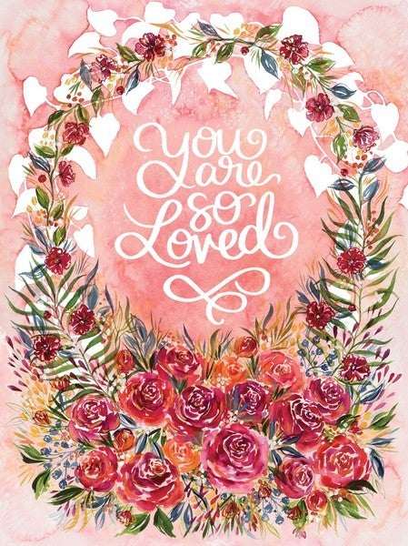 Rosie Love Quilt Panel with floral wreath and "You Are So Loved" text on pink background
