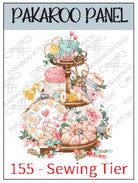 Pakaroo Panel Flower Tier screen printed on creamy canvas 10.5x10.5 inch sewing panel with hoop and needle design