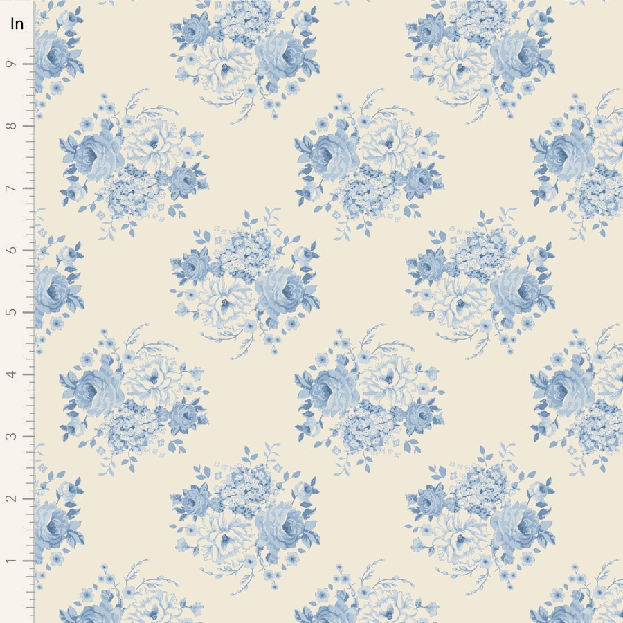 Sunday Brunch by Tilda Mia Blue fabric with vintage floral pattern in blue and cream, sold by half yard