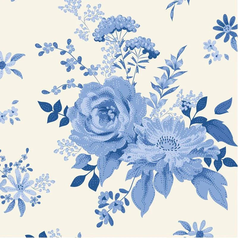 Close-up of Something Blue Wildgarden Blue Cream fabric by TILDA, sold in half-yard increments