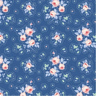Close-up of Something Blue First Kiss Denim fabric by TILDA in blue and white floral pattern