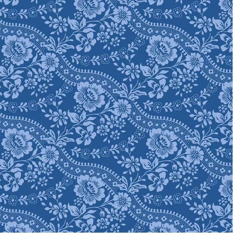 Something Blue Blenders Celeste Floral Denim fabric by TILDA with blue and white floral pattern, sold in half-yard increments