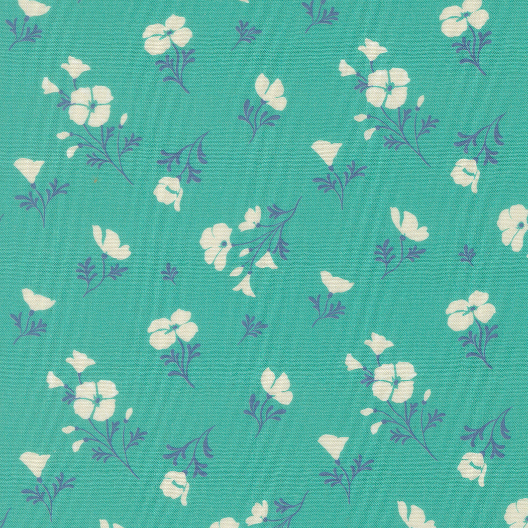 Cannon Beach Astoria Florals Turquoise fabric by Crystal Manning for Moda Fabrics, vibrant coastal floral pattern in turquoise and coral