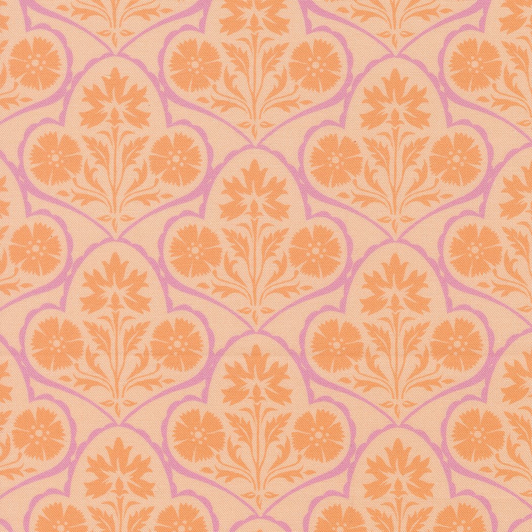 Cannon Beach Copalis Damask Blush fabric by Crystal Manning featuring vintage floral and native plant designs in soft coral, aqua, and lavender tones.