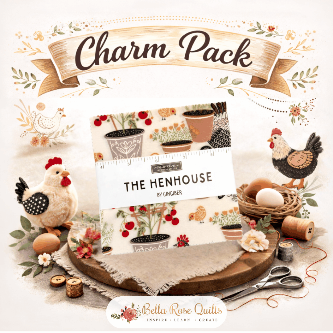 The Henhouse Charm Pack by Gingiber with farm-themed fabric squares in warm, rustic colors