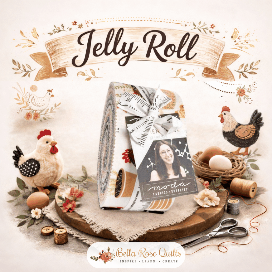The Henhouse Jelly Roll fabric strips by Gingiber with rustic barnyard prints and warm colors