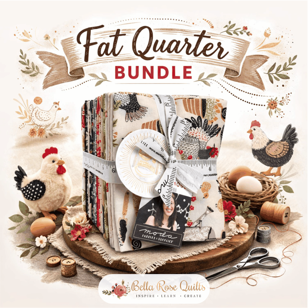 The Henhouse Fat Quarter Bundle by Gingiber for Moda Fabrics featuring rustic chicken and farm-themed prints in warm, sunny colors