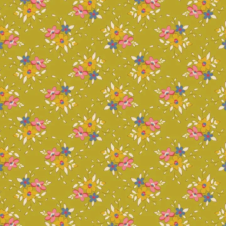 TILDA Creating Memories floral fabric in Frida Lime with spring-inspired colorful flowers on green background