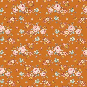 TILDA Creating Memories Gracie Ginger fabric with pink flowers on orange background