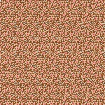 TILDA Creating Memories fabric with brown base and small floral print in pink and blue tones
