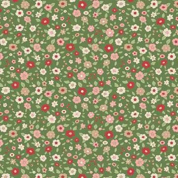 TILDA Creating Memories fabric with green background and small pink, red, and beige floral pattern, half-yard increments.
