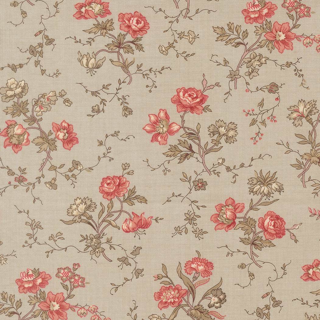 Fleur De Paris Parterre Florals Smoke fabric by French General for Moda, vintage 19th-century floral print on soft pearl background