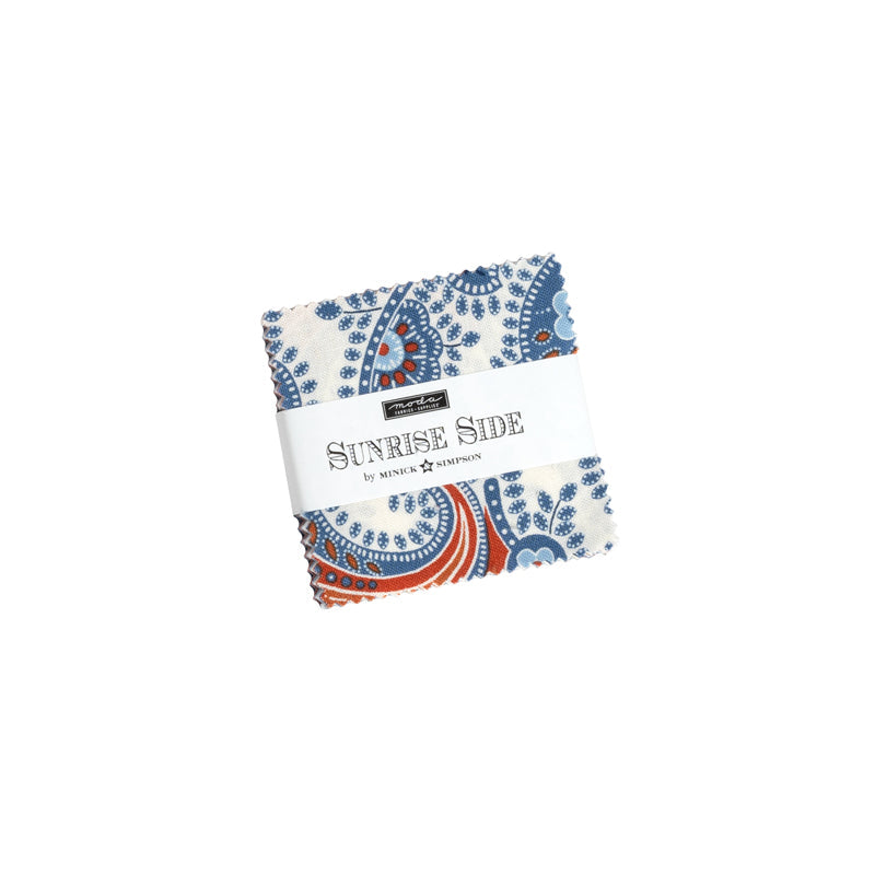 Sunrise Side Mini-Charm Pack with red, blue, and white fabric squares by Minick & Simpson for Moda Fabrics