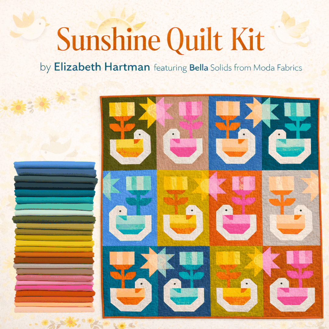 Sunshine Quilt Kit by Elizabeth Hartman featuring Bella Solids from Moda Fabrics, 64x69 inches pattern and fabric set