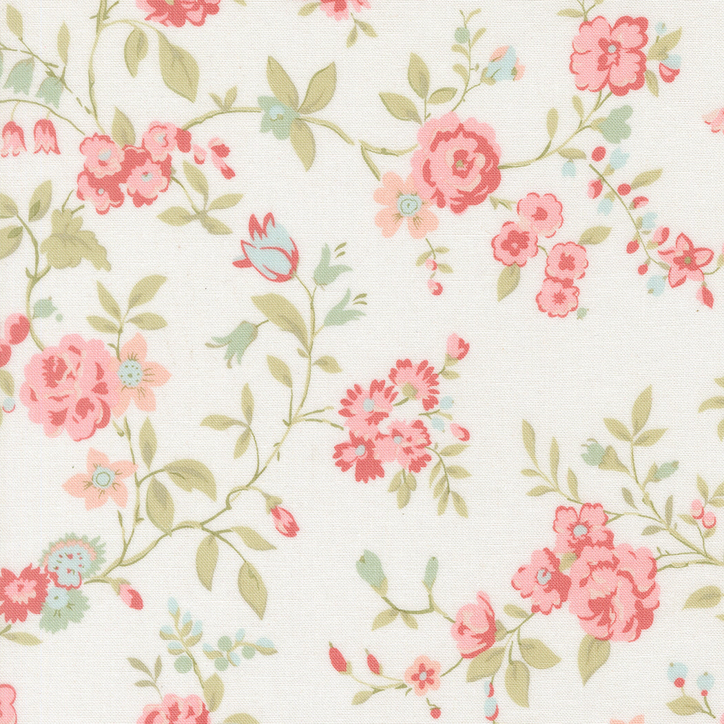 Abide Main Floral Linen white fabric with vintage florals and calming colors by Brenda Riddle Designs for Moda Fabrics